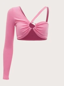 SHEIN ICON 不對稱領圓環細節上衣 - 粉色 - 查看 1