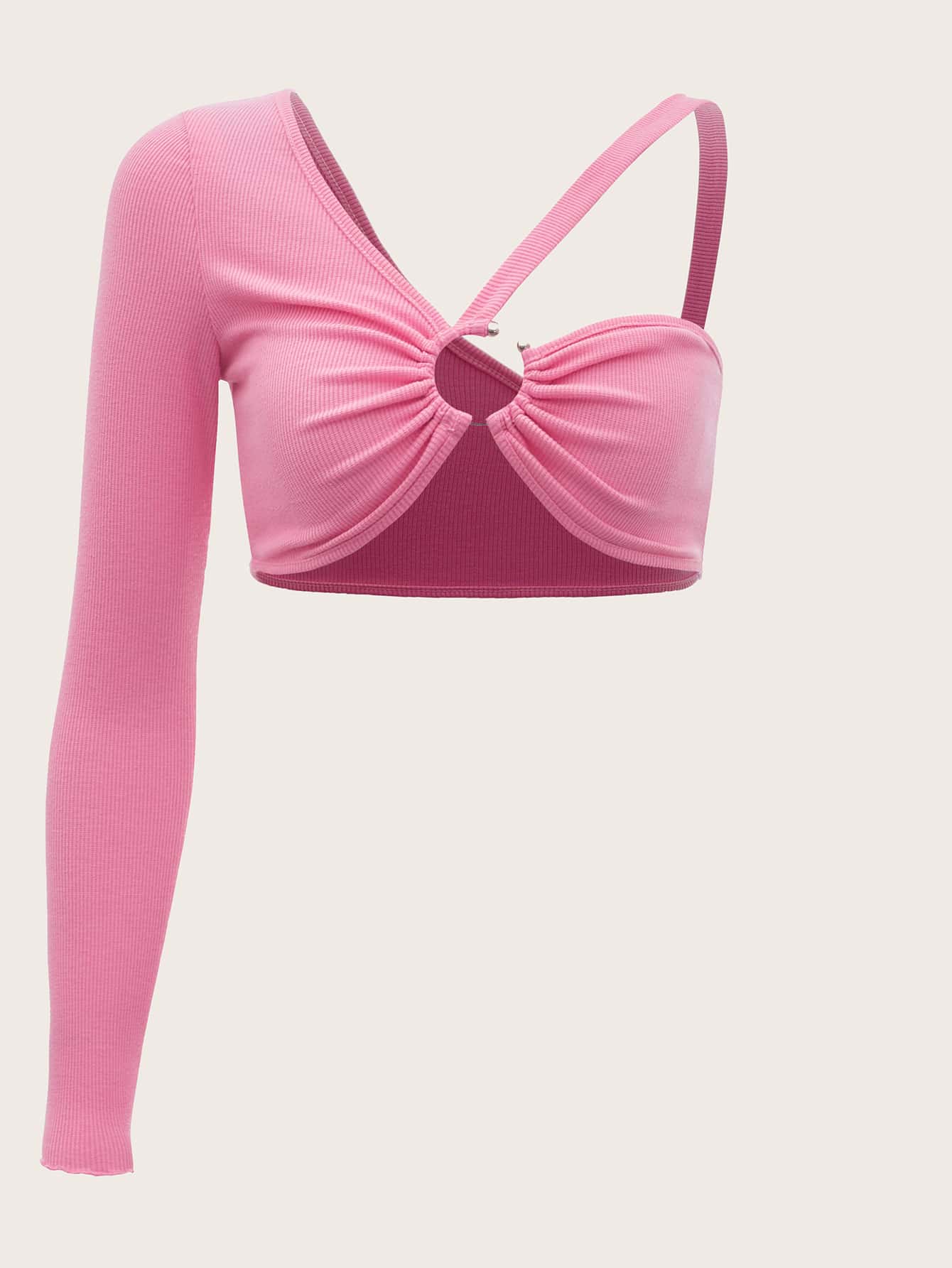 SHEIN ICON 不對稱領圓環細節上衣 - 粉色 - 查看 1