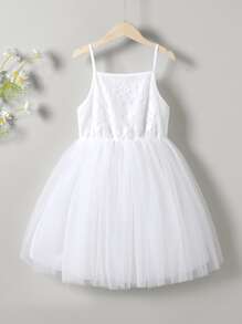 SHEIN Girls Contrast Lace Mesh Overlay Cami Dress - White - View 2