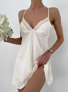 Contrast Lace Scallop Trim Cami Night Dress - White - View 1