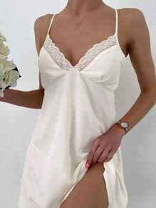 Contrast Lace Scallop Trim Cami Night Dress - White - View 3