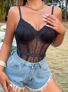 SHEIN VCAY 拼接蕾絲透視網紗吊帶連體衣 - 黑色 - 查看 4