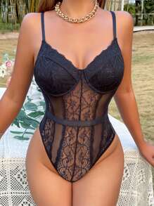 SHEIN VCAY 拼接蕾絲透視網紗吊帶連體衣 - 黑色 - 查看 5