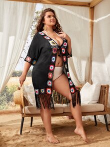Plus Fringe Crochet Kimono - Black - View 4