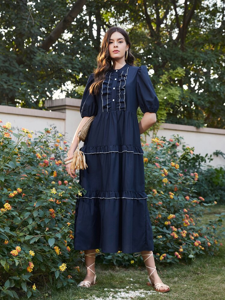 SHEIN Robe à bouton à plis à volants manches bouffantes - Bleu marine - Voir 1