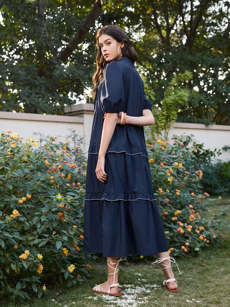 SHEIN Robe à bouton à plis à volants manches bouffantes - Bleu marine - Voir 2