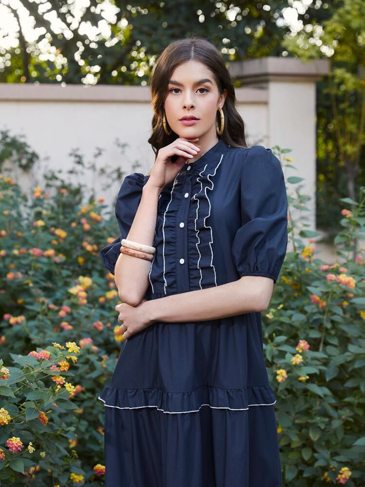 SHEIN Robe à bouton à plis à volants manches bouffantes - Bleu marine - Voir 3
