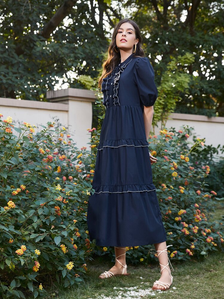 SHEIN Robe à bouton à plis à volants manches bouffantes - Bleu marine - Voir 5