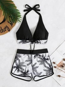 棕櫚樹印花掛脖短褲比基尼 - 黑與白 - 查看 3