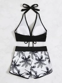 棕櫚樹印花掛脖短褲比基尼 - 黑與白 - 查看 2