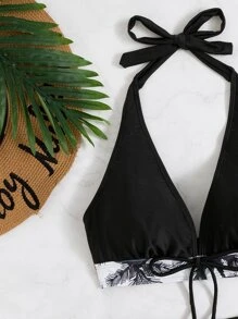 棕櫚樹印花掛脖短褲比基尼 - 黑與白 - 查看 5