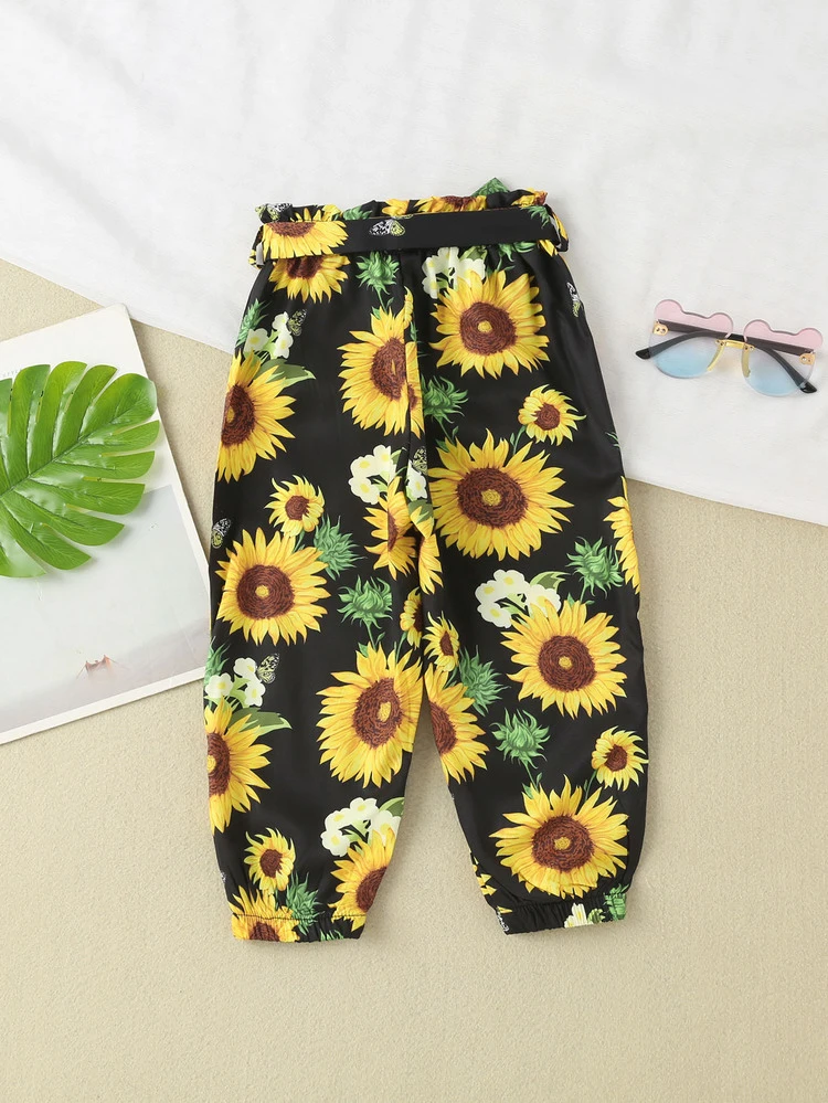 Toddler Girls Butterfly & Sunflower Print Paperbag Waist Belted Trousers - Multicolor - View 2