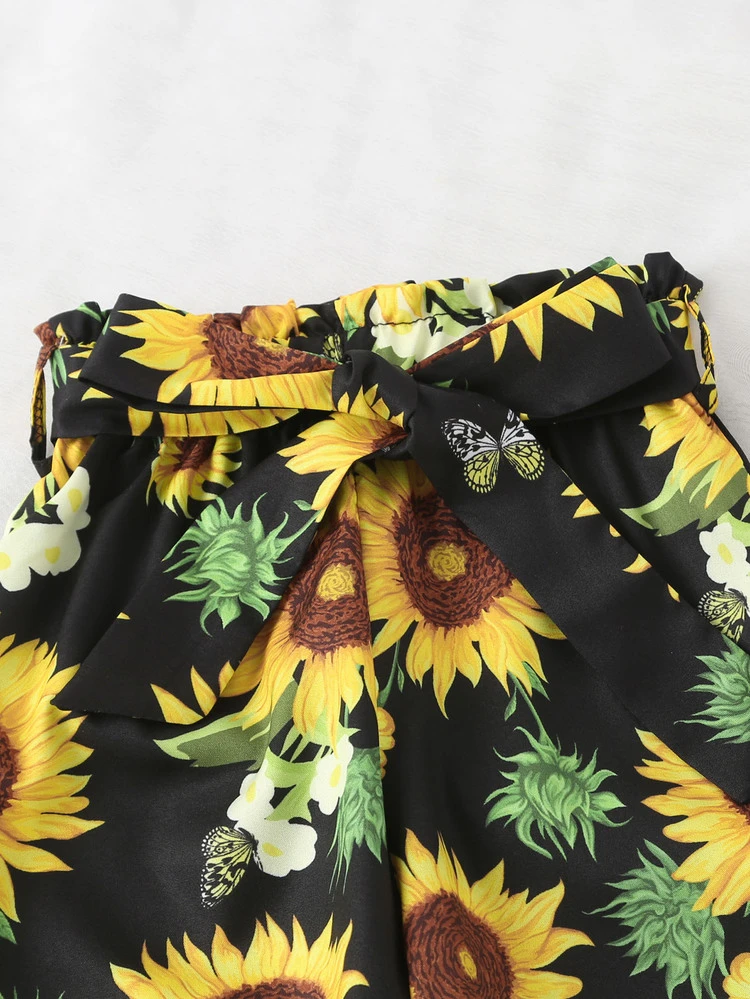 Toddler Girls Butterfly & Sunflower Print Paperbag Waist Belted Trousers - Multicolor - View 4