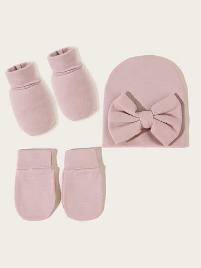 嬰兒蝴蝶結裝飾豆豆帽和手套和襪子