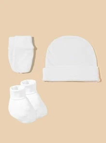 嬰兒素色豆豆帽和手套和襪子 - 白色 - 查看 2