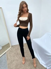 SHEIN Privé Áo thun nữ Nơ Bướm Tương phản Mesh Nếp gấp Phần Ngực Khối Màu Giải trí - Màu nâu  Mocha - Xem 4