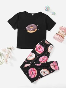 Tween Girl Sweet Donut Pattern Short Sleeve And Long Pants Home Wear Set