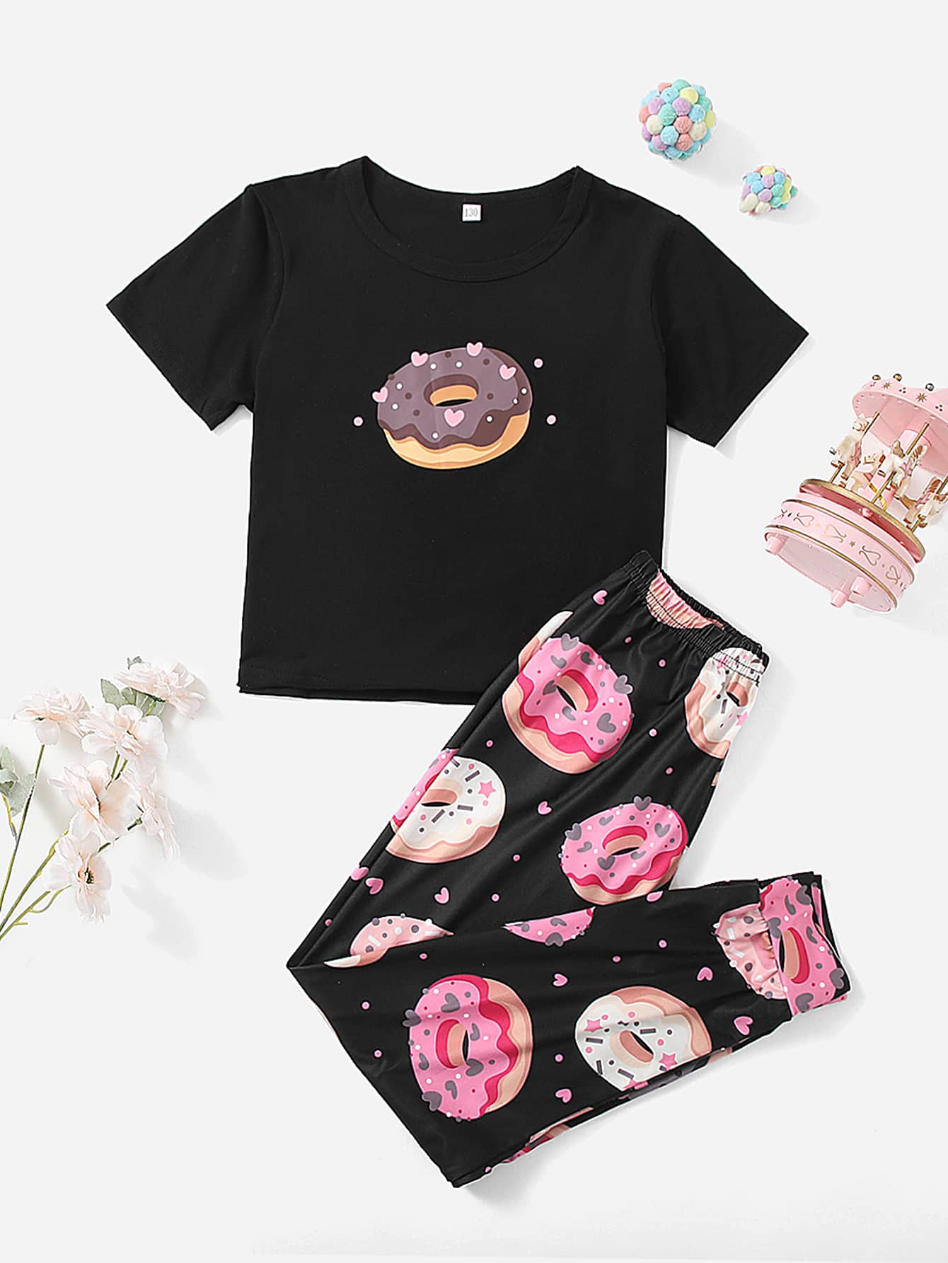 Tween Girl Sweet Donut Pattern Short Sleeve And Long Pants Home Wear Set