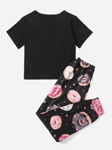 Tween Girl Sweet Donut Pattern Short Sleeve And Long Pants Home Wear Set