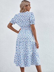 Breezaya Vestido línea A con estampado floral bajo con fruncido con fruncido - Azul y blanco - Ver 2