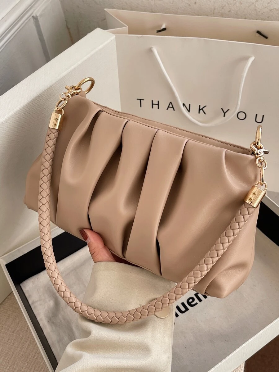 Vintage Bag, Winter Bag, Fashionable Pleated PU Leather Shoulder Bag, Women's Handbag, Crossbody Bag, Suitable For Girls, Students, Office Ladies, Commuting, Daily Matching, Casual, Shopping, Travel, Gift - Khaki - View 1