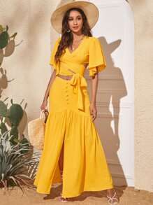 SHEIN VCAY Solid Cross Wrap Blouse & Split Hem Skirt - Yellow - View 1