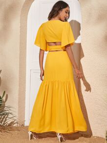 SHEIN VCAY Solid Cross Wrap Blouse & Split Hem Skirt - Yellow - View 2