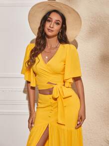 SHEIN VCAY Solid Cross Wrap Blouse & Split Hem Skirt - Yellow - View 5
