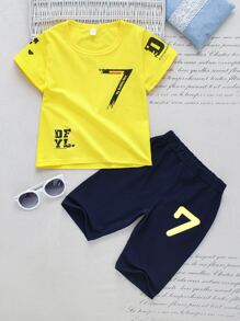 SHEIN Young Boy Letter Graphic Tee & Shorts - Multicolor - View 1
