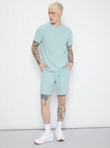 Manfinity RebelGame Men Solid Tee & Tie Waist Shorts Set - Mint Green - View 3