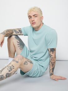 Manfinity RebelGame Men Solid Tee & Tie Waist Shorts Set - Mint Green - View 4