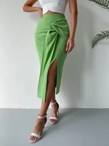 SHEIN Holidaya 素色高衩前繫帶半身裙 - 綠色 - 查看 3