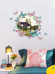 1pc Butterfly Wreath Print Wall Sticker - Multicolor - View 1