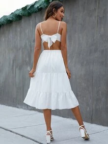 前扭結後背繫帶荷葉邊吊帶連衣裙 - 白色 - 查看 2