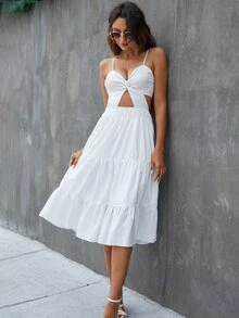 前扭結後背繫帶荷葉邊吊帶連衣裙 - 白色 - 查看 4