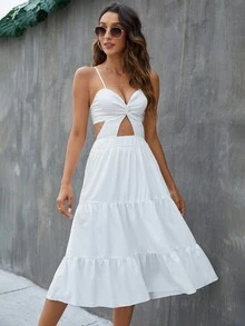 前扭結後背繫帶荷葉邊吊帶連衣裙 - 白色 - 查看 7