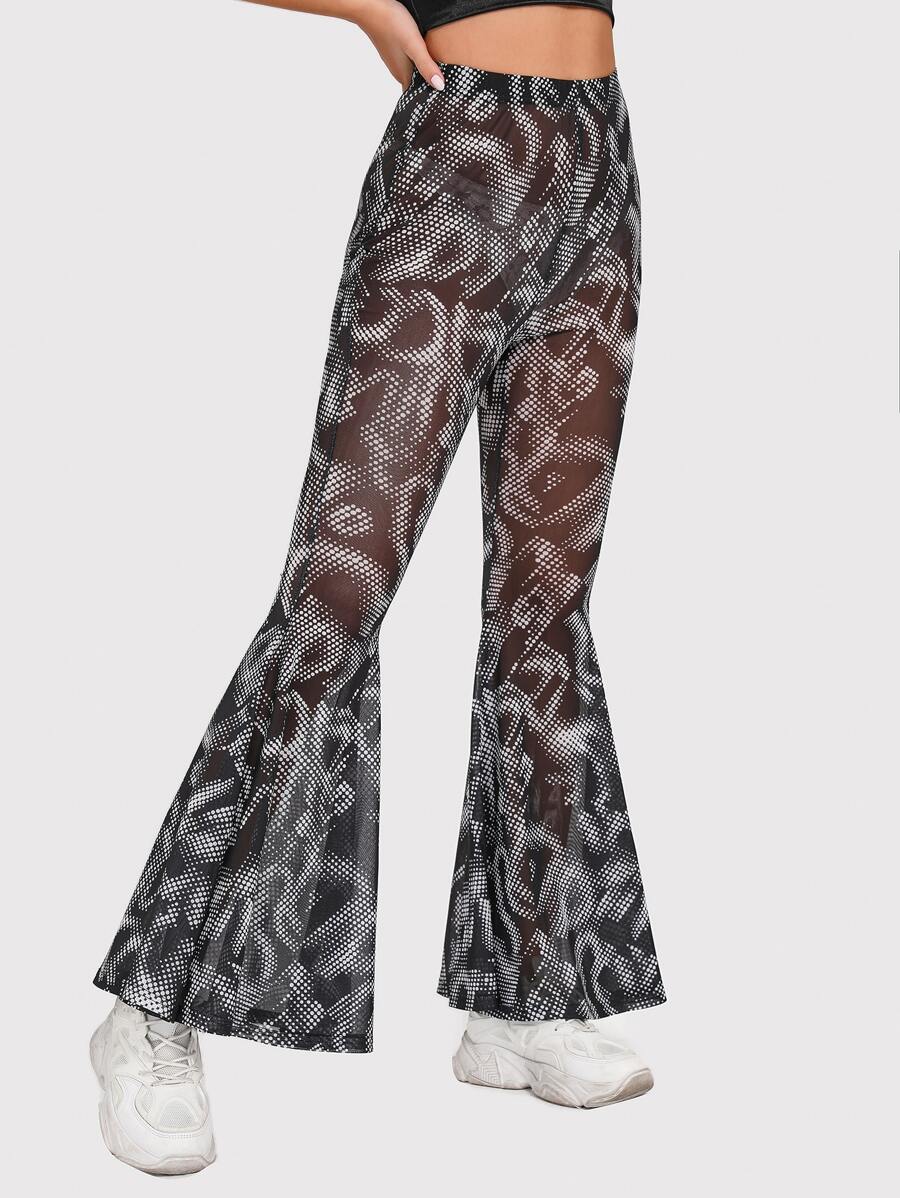 Polka Dot Print Flare Leg Trousers - Black and White - View 1