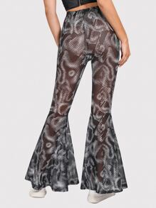 Polka Dot Print Flare Leg Trousers - Black and White - View 2