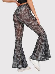 Polka Dot Print Flare Leg Trousers - Black and White - View 3