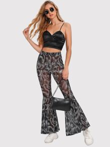 Polka Dot Print Flare Leg Trousers - Black and White - View 4