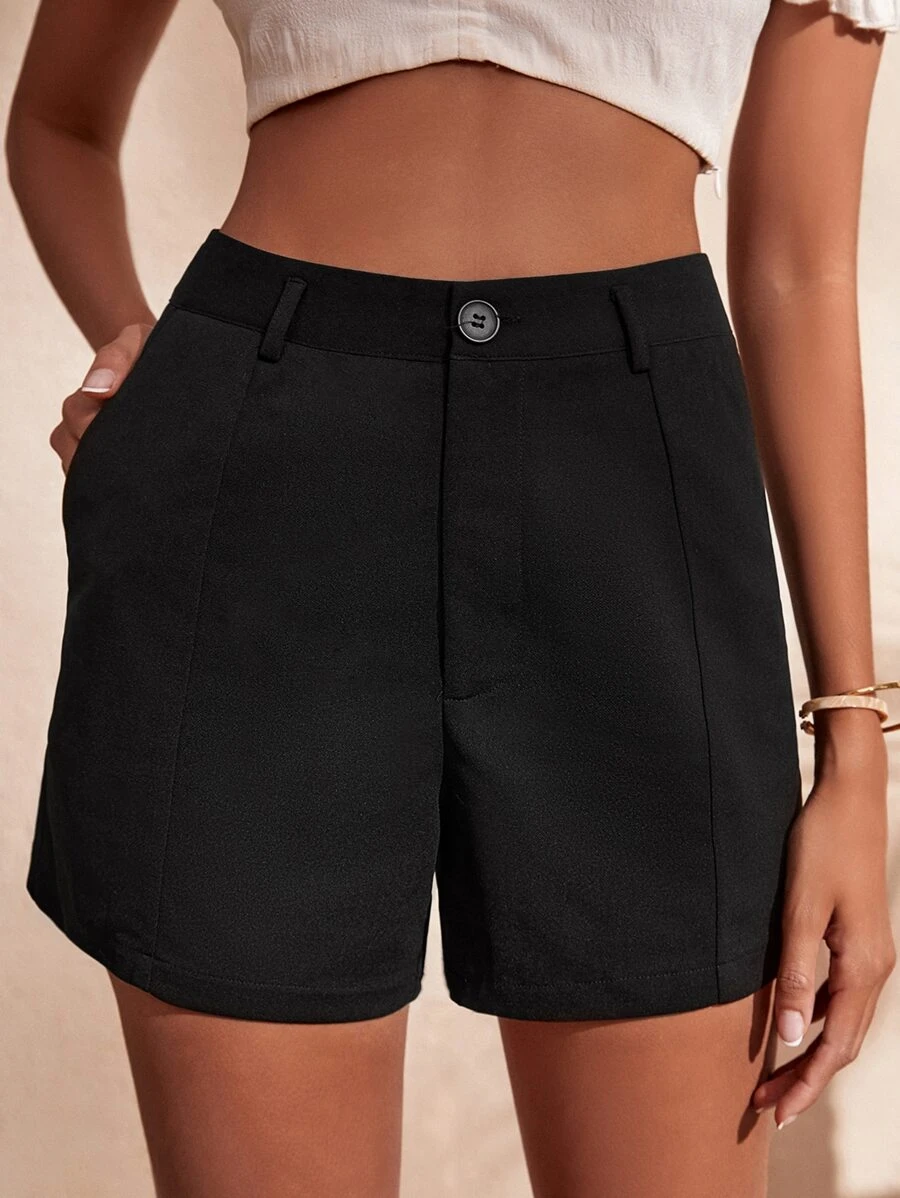 素色高腰斜口袋短褲 - 黑色 - 查看 1
