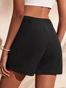 素色高腰斜口袋短褲 - 黑色 - 查看 2