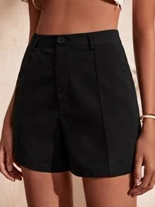 素色高腰斜口袋短褲 - 黑色 - 查看 3