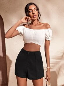 素色高腰斜口袋短褲 - 黑色 - 查看 4