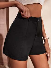素色高腰斜口袋短褲 - 黑色 - 查看 5
