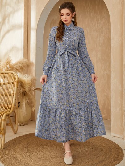 Mulvari Vestido modesto de manga larga con volantes en el bajo y el cinturón, de estilo camisa con mangas tipo obispo y estampado floral diminuto