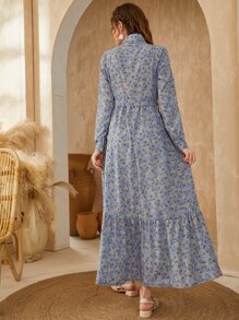 Mulvari Ditsy Floral Bishop Sleeve Ruffle Hem Belted Shirt Modest Long Sleeve Dress