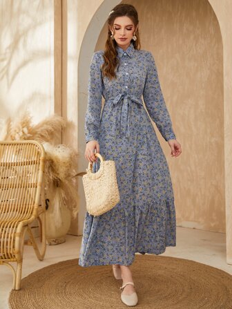 Mulvari 小碎花主教袖荷叶边下摆系带衬衫端庄长袖连衣裙