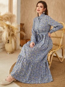 Mulvari Ditsy Floral Bishop Sleeve Ruffle Hem Belted Shirt Modest Long Sleeve Dress