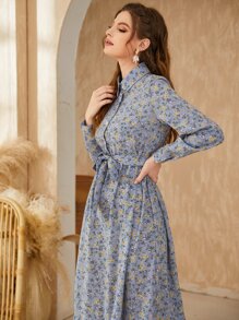 Mulvari Ditsy Floral Bishop Sleeve Ruffle Hem Belted Shirt Modest Long Sleeve Dress